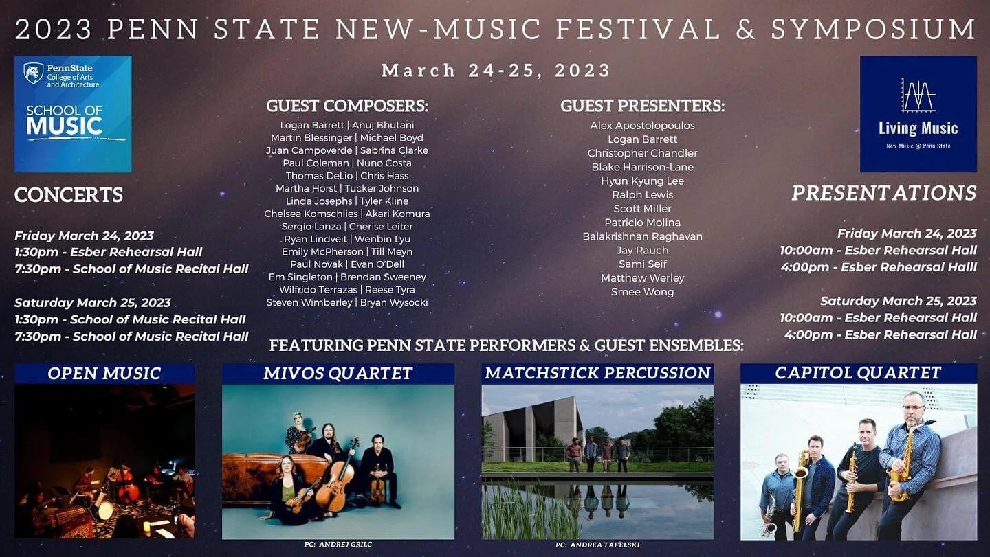 One Week away from the @pennstatemusic New Music Festival and Symposium! Excited to be playing works @plnvk_ and @em.sing.leton 
Check out our performances in both the Saturday (3/25) concerts at 1:30pmEST and 7:30pmEST and tune in to see Malcolm an
