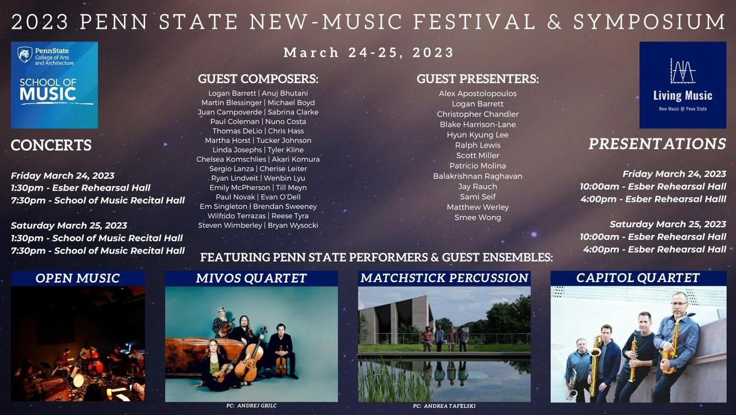 Penn State School of Music Penn State Composition & Technology New Music Fest happening today! Check out concerts today and tomorrow at 1:30pm and 7:30pm EST. 
We’re on both Concerts tomorrow! More soon!