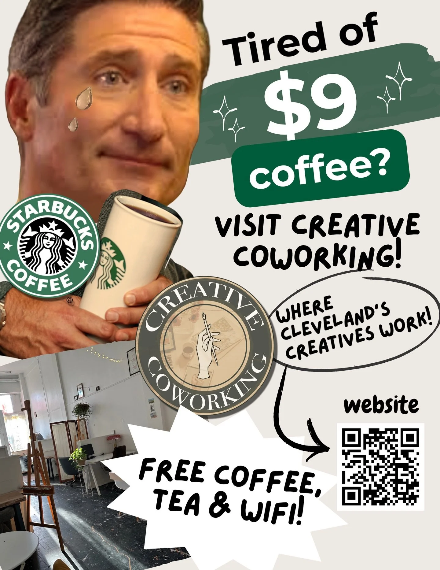 Visit us instead! Free coffee, tea and WiFi! #creativecoworking #clevelandohiocoworking