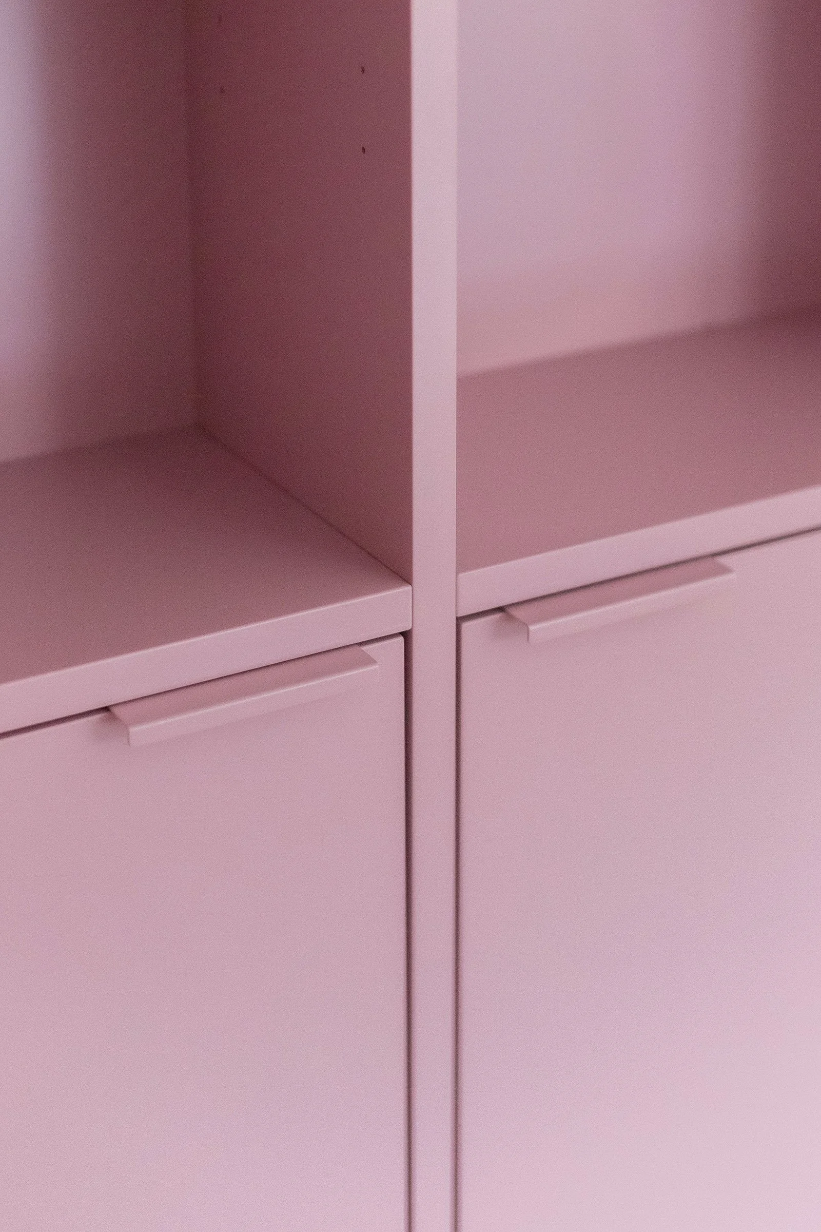 A custom built-in bookshelf in Farrow & Ball Cinder Rose, Mitte Berlin