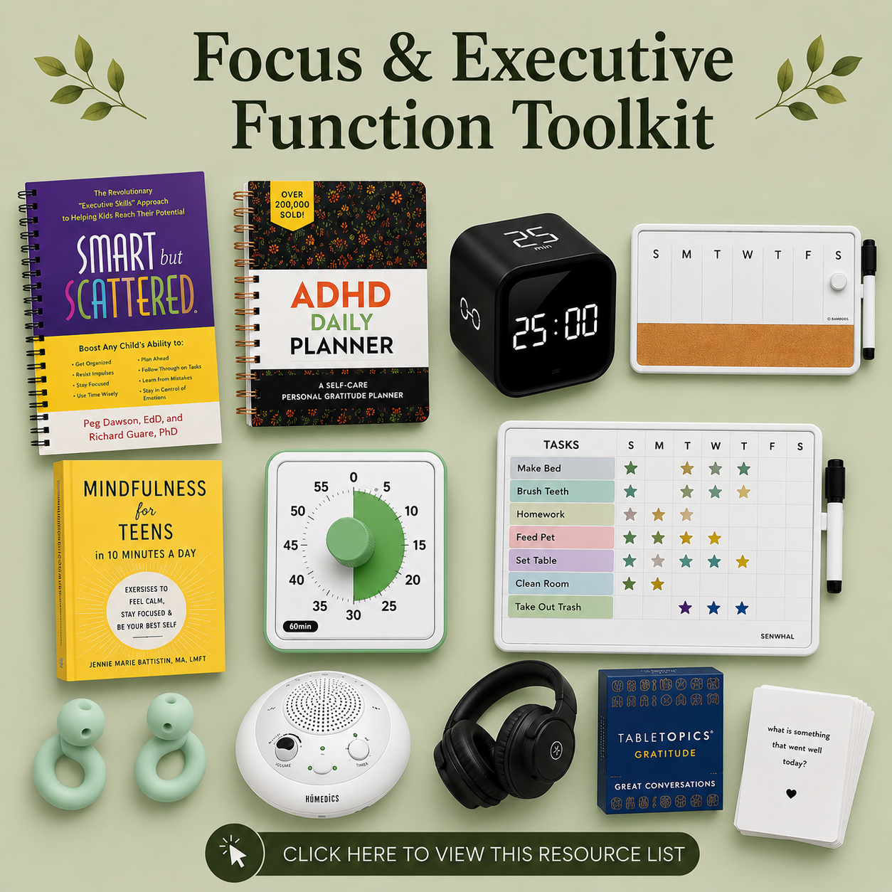 A toolkit of focus and executive function items, including habit trackers, planners, a timer, a whiteboard and markers for scheduling, a task chart with daily tasks and checkmarks, a small speaker, a pair of headphones, a book about gratitude, and a set of silicone sensory toys.