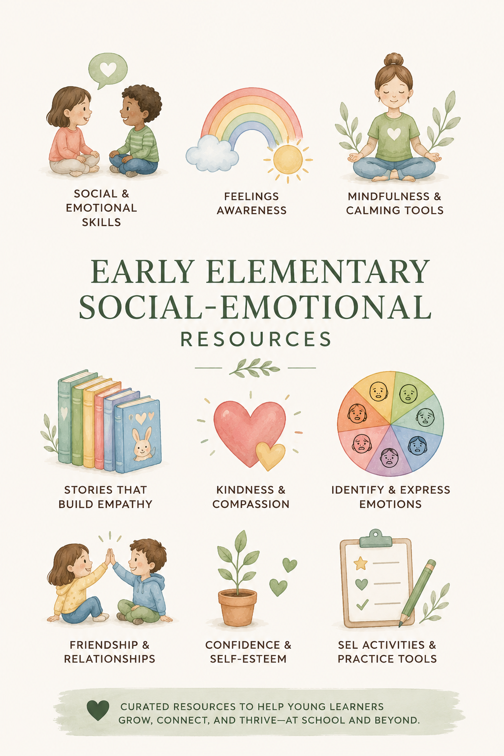 Illustration of a book cover titled 'Early Elementary Social-Emotional Resources' featuring drawings of children, a rainbow, books, a heart, and various icons representing social-emotional skills such as empathy, kindness, emotions, friendships, confidence, and self-esteem.