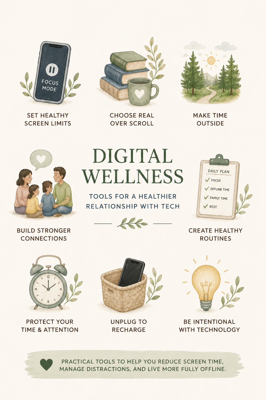 Illustrated digital wellness guide featuring icons for setting screen limits, choosing real-life activities, spending time outdoors, building connections, creating routines, protecting time, unplugging devices, and being intentional with technology.
