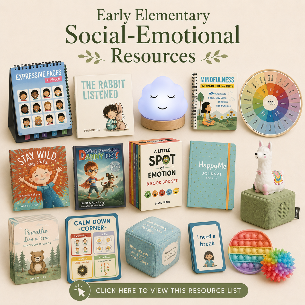 Display of early elementary social and emotional resources including books, a calm down spiral, mindfulness tools, and playful educational toys.