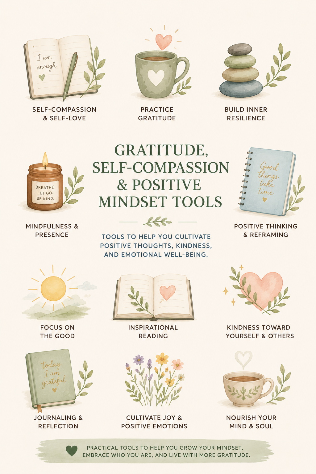 A wellness infographic titled "Gratitude, Self-Compassion & Positive Mindset Tools" featuring illustrations of a journal, cup of tea, stacked stones, candle, open book, and flowers. It lists tools like self-compassion, practice gratitude, build inner resilience, mindfulness, positive thinking, focus on the good, inspirational reading, kindness, journaling, cultivating joy, and nourishing your mind and soul.