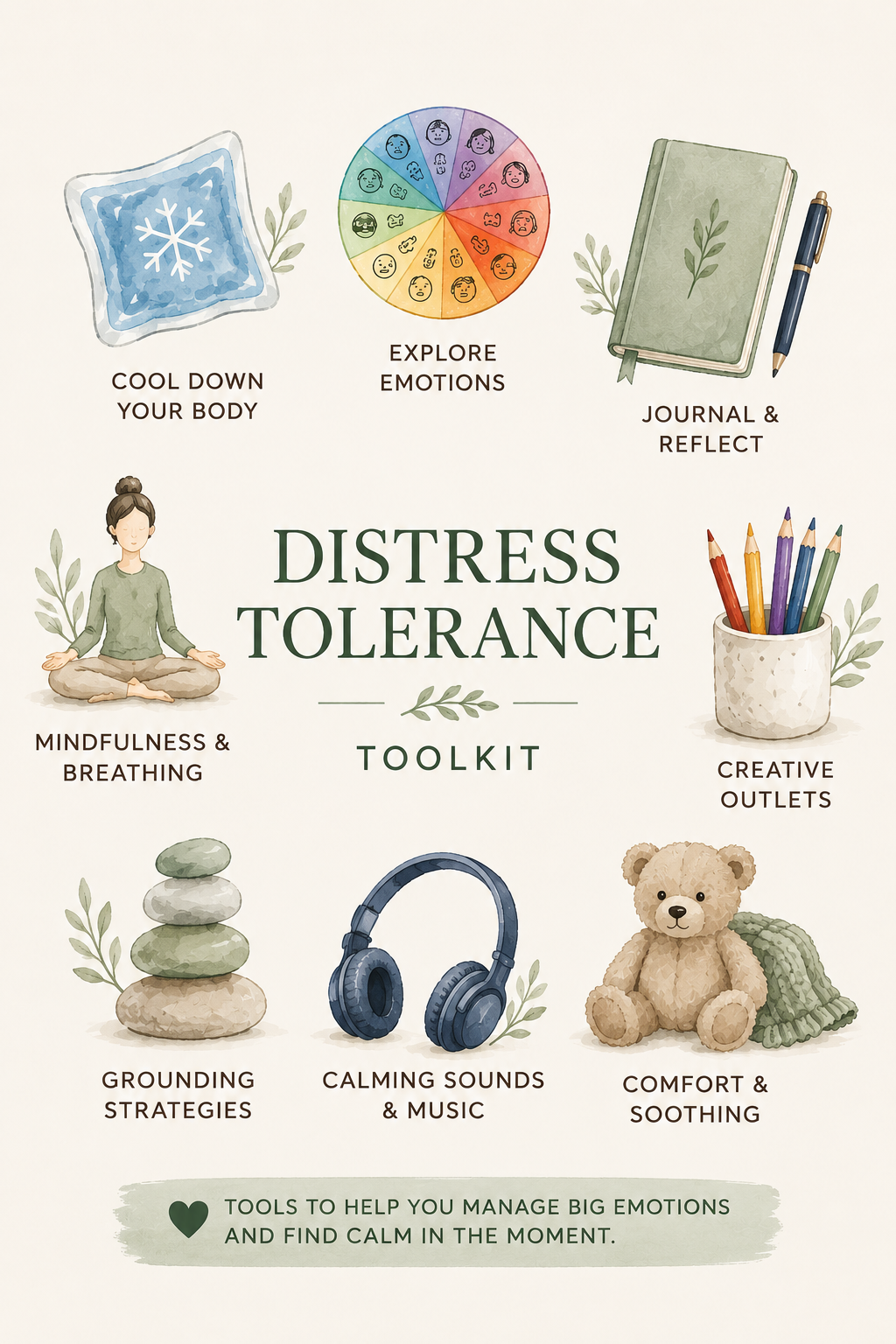 Illustrated toolkit for managing stress and big emotions, including cooling down the body with an ice pack, exploring emotions with a color wheel, journaling, practicing mindfulness and breathing, using grounding strategies with stones, calming sounds and music with headphones, creating outlets with colored pencils, and comforting with a teddy bear and blanket.