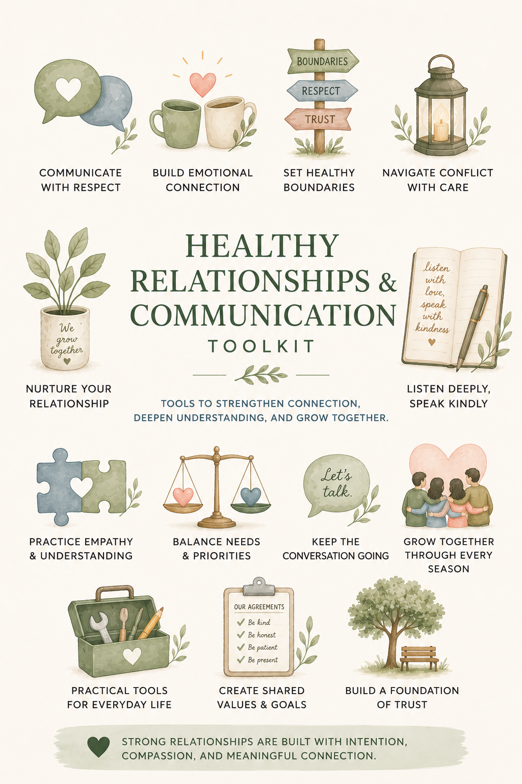 Infographic titled 'Healthy Relationships & Communication Toolkit' with illustrations of conversation bubbles, cups, a signpost, lantern, plant, open book, puzzle piece, scale, tools, and a bench. Highlights tools for strengthening connection, understanding, and growth.