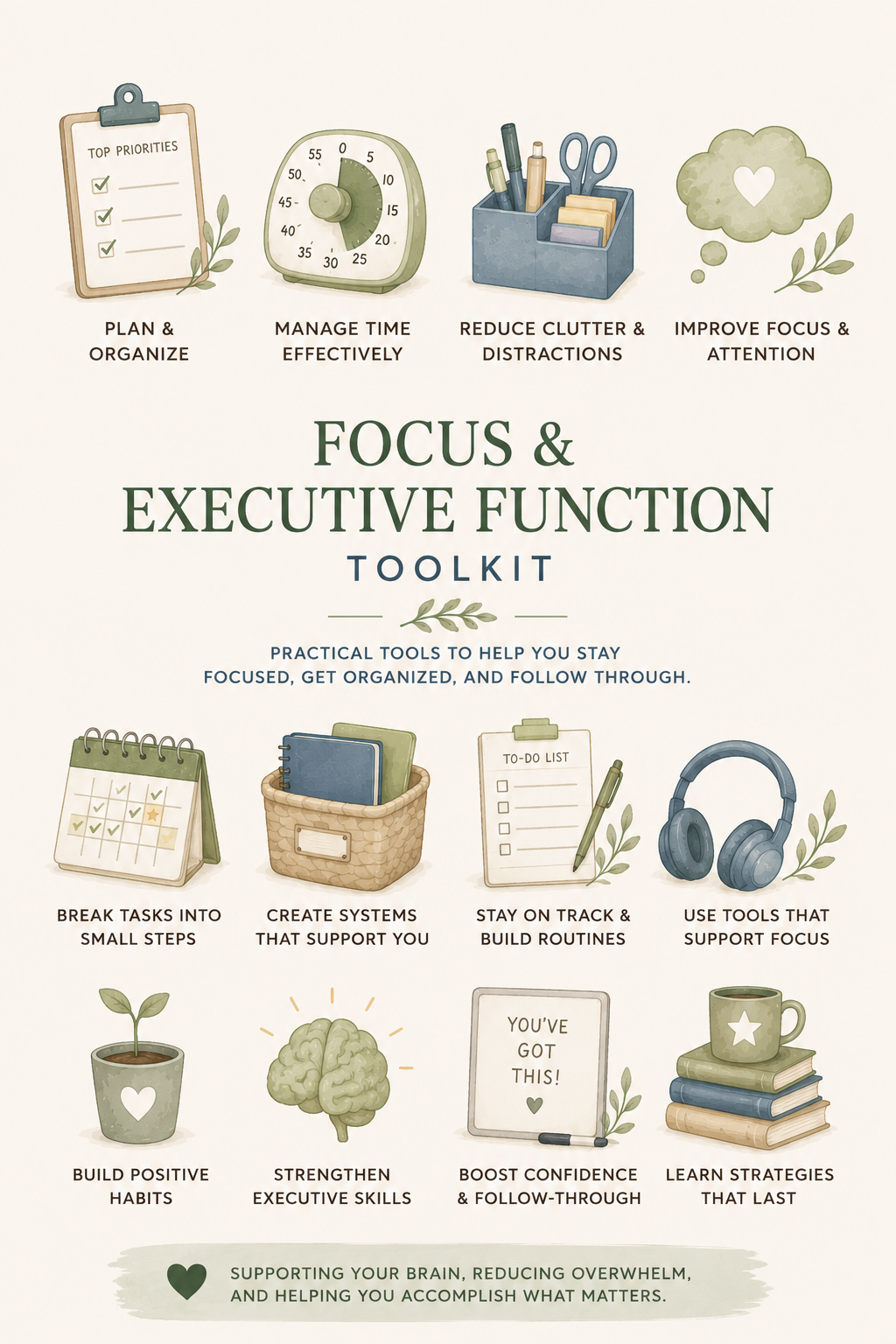 Illustration of a focus and executive function toolkit with icons representing planning, time management, reducing distractions, improving focus, breaking tasks into steps, creating systems, routines, using focus tools, building habits, strengthening skills, boosting confidence, and learning strategies.