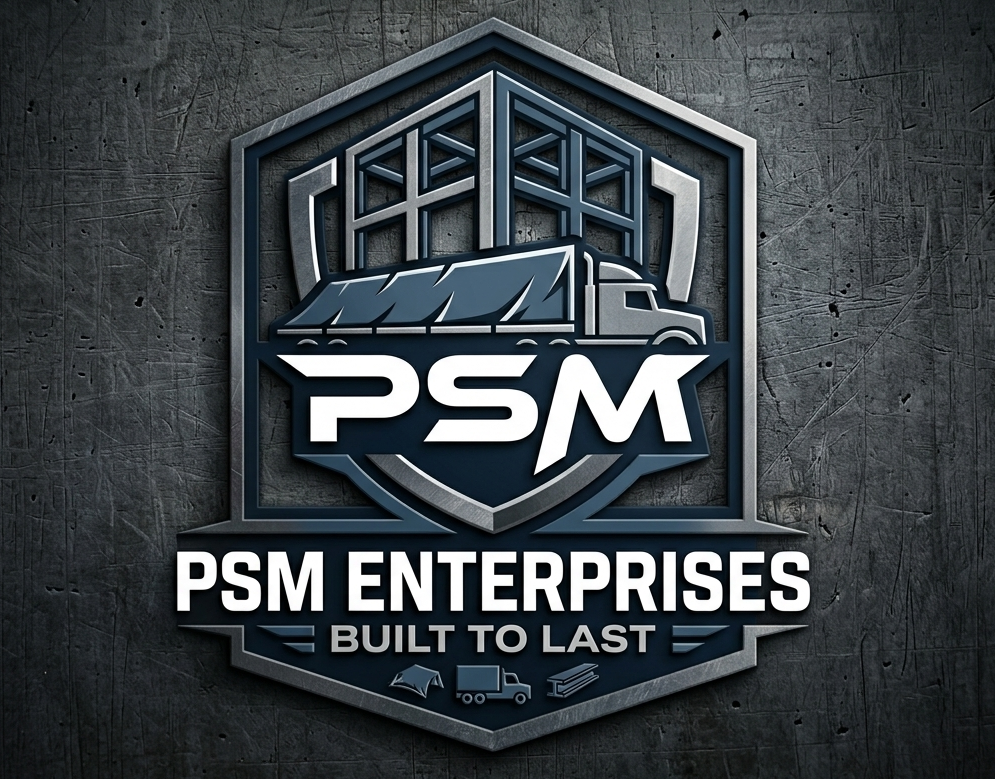 Logo of PSM Enterprises with a truck and construction frame, featuring the tagline 'Built to Last' on a textured dark background.
