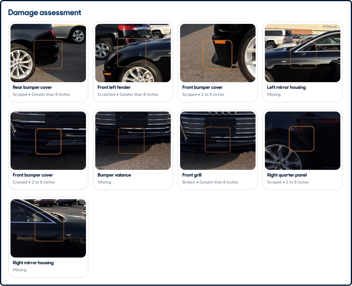 Damage assessment report for a vehicle showing various damaged parts with descriptions and damage severity, including scratched, cracked, broken, or missing components.