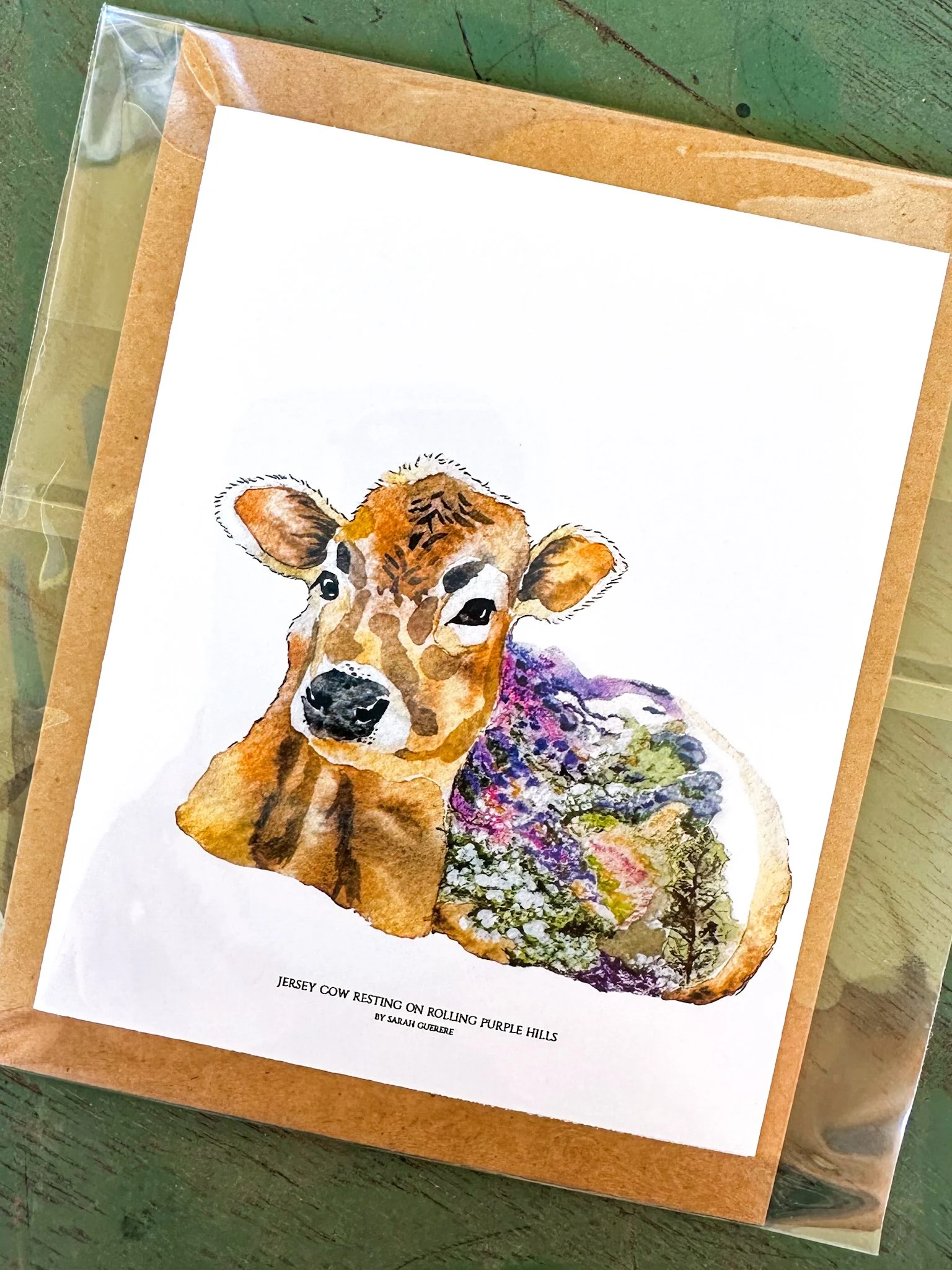 Jersey Cow Resting on Rolling Purple Hills - Greeting Card