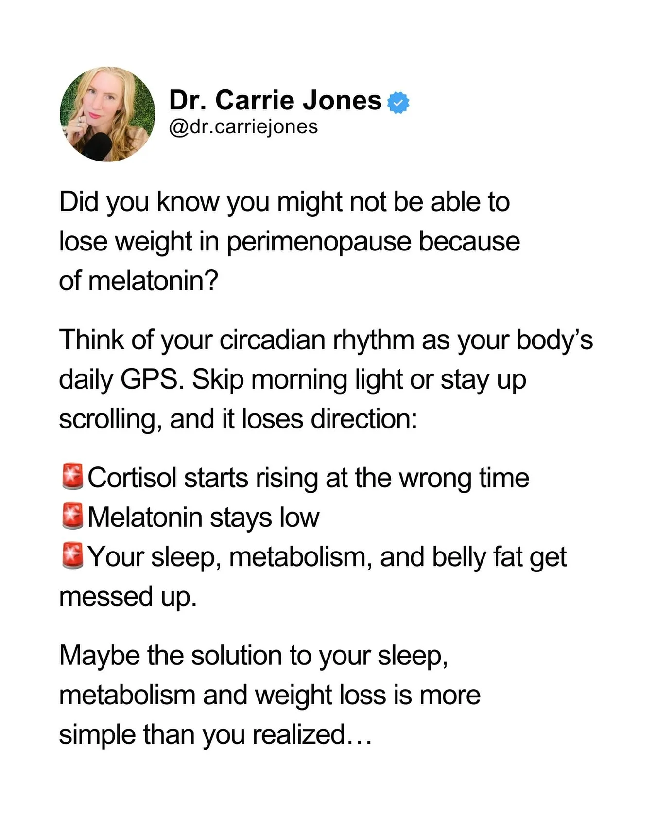 If you&rsquo;re struggling with belly weight, restless nights, energy crashes, or cravings in perimenopause&hellip; it might not be your diet or exercise.

Think of your circadian rhythm as your body&rsquo;s internal clock. It tells cortisol when to 