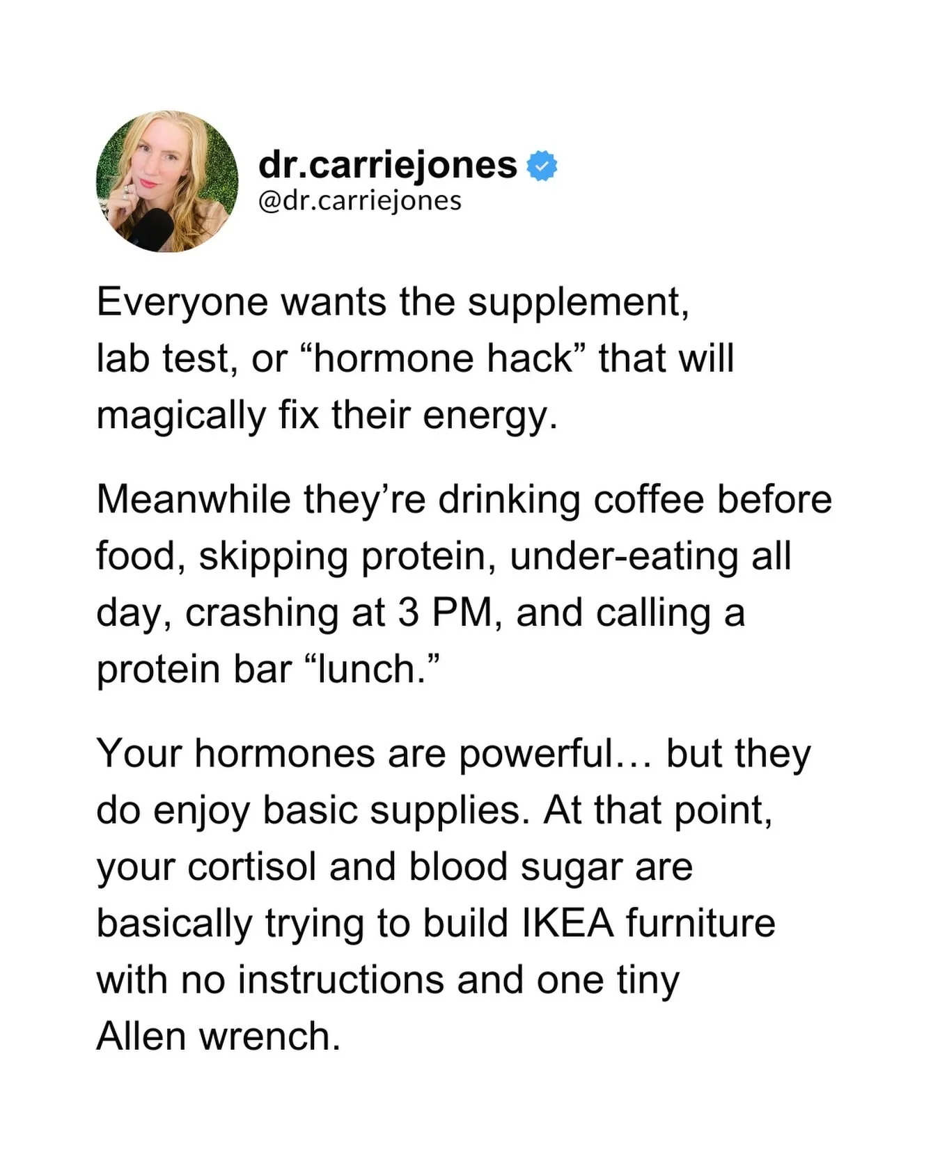 Everyone wants better energy, fewer cravings, balanced hormones, and a calmer mood&hellip; but then breakfast is coffee, lunch is vibes, and the 3 PM crash is treated like a personality flaw. 🙃

Your blood sugar and cortisol are deeply connected to 