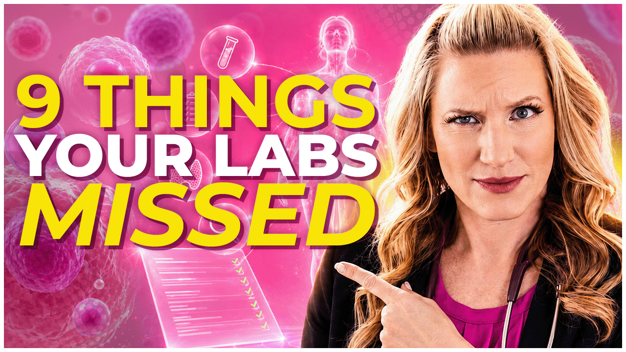 Dr Carrie in a black blazer with a pink shirt pointing to the title "9 things your labs missed" with a pink background