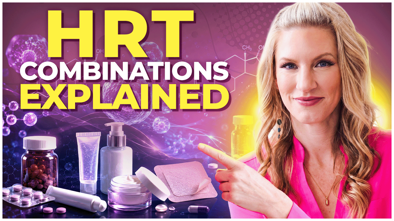 Dr. Carrie in a pink shirt pointing to HRT options behind her such as pills, creams, suppositories, etc with the title HRT Combinations Explained on top