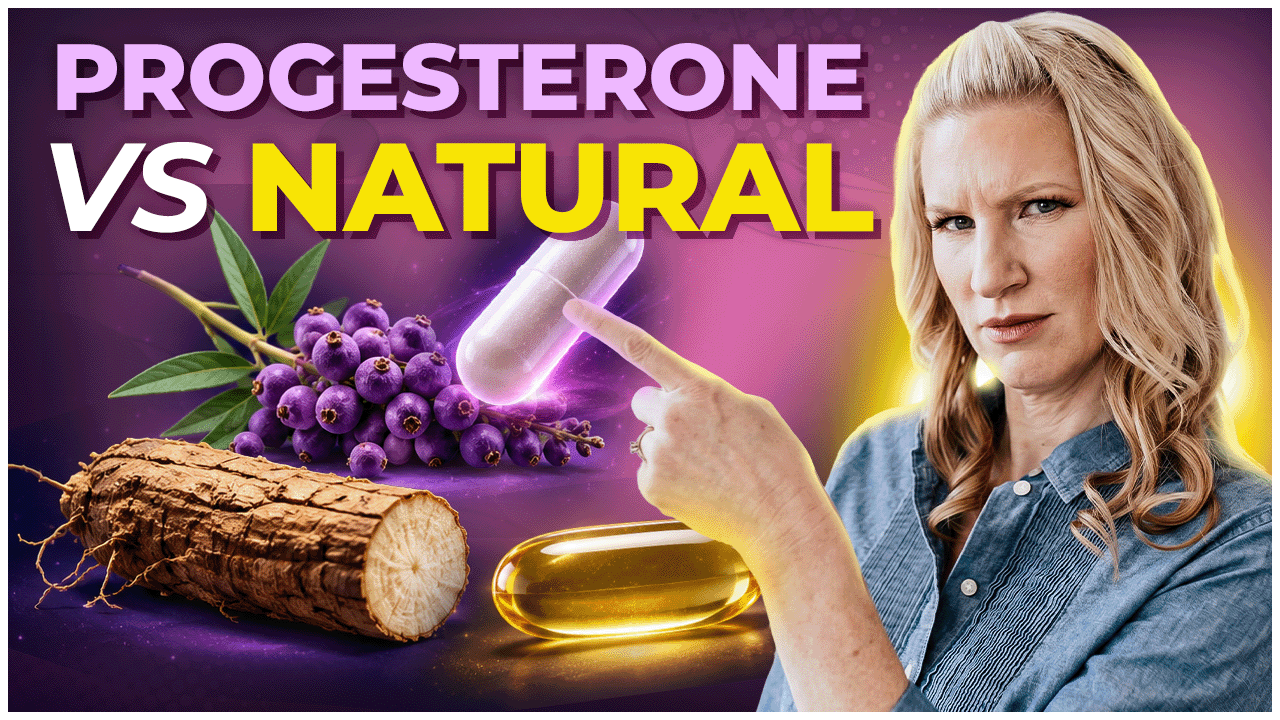 Dr. Carrie Jones in a denim blouse pointing to a pill and the title Progesterone vs Natural with a pink background and supplements under the words