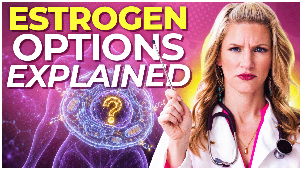 YouTube thumbnail titled ‘Estrogen Options Explained’ featuring a woman in a white doctor’s coat with a stethoscope holding a pointer, next to an illustration of a cell with a glowing question mark, against a pink and purple background.