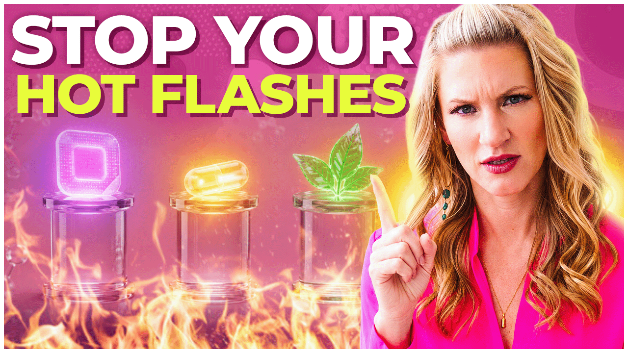 Dr. Carrie Jones in a pink blouse with a confused look pointing at the words "Stop your hot flashes" youtube thumb with a pink background and fire on the bottom of the thumb