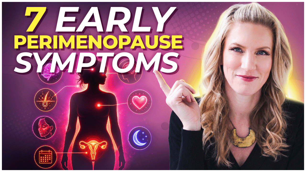 Dr. Carrie Jones in a black blouse with a gold necklace pointing to words that say "7 Early Perimenopause Symptoms" with a pink background and a woman with 7 orbs around her