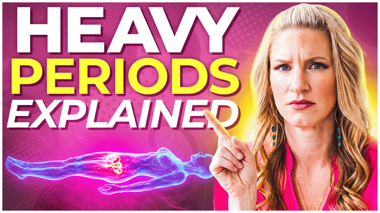 YouTube thumbnail titled 'Heavy Periods Explained' featuring a woman in a pink blazer gesturing while speaking, with a glowing illustration of the female reproductive system overlaid on a body silhouette against a pink background.