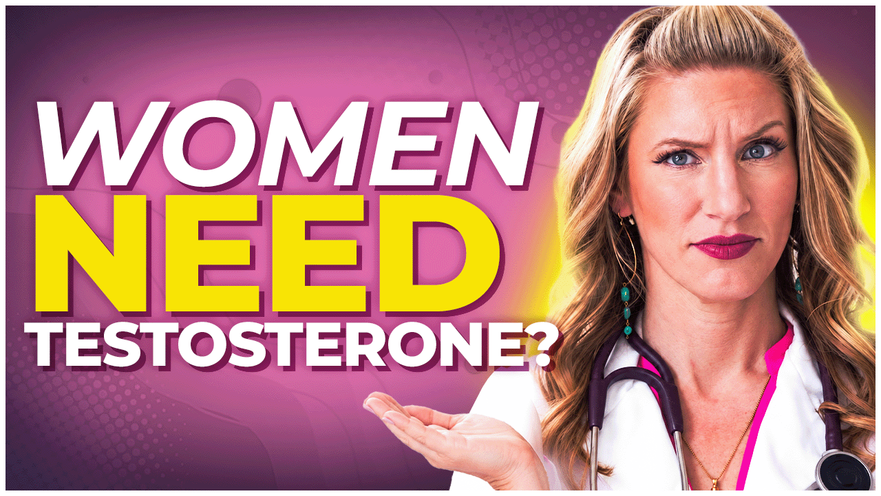 YouTube thumbnail titled 'Women Need Testosterone?' featuring a woman in a white doctor's coat with a stethoscope, gesturing with an open palm, against a pink background.