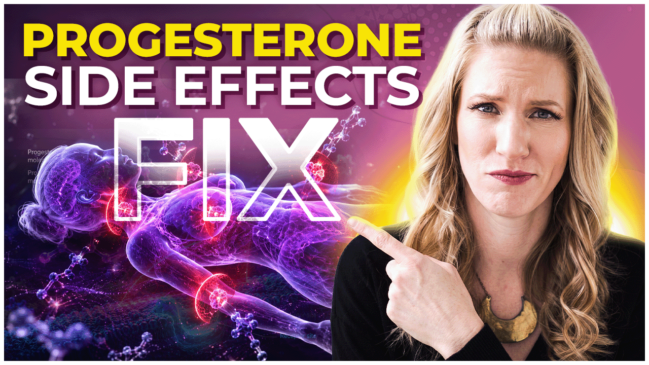 Dr Carrie Jones in a black blouse pointing to the words "Progesterone Side Effects Fix" with a pink background