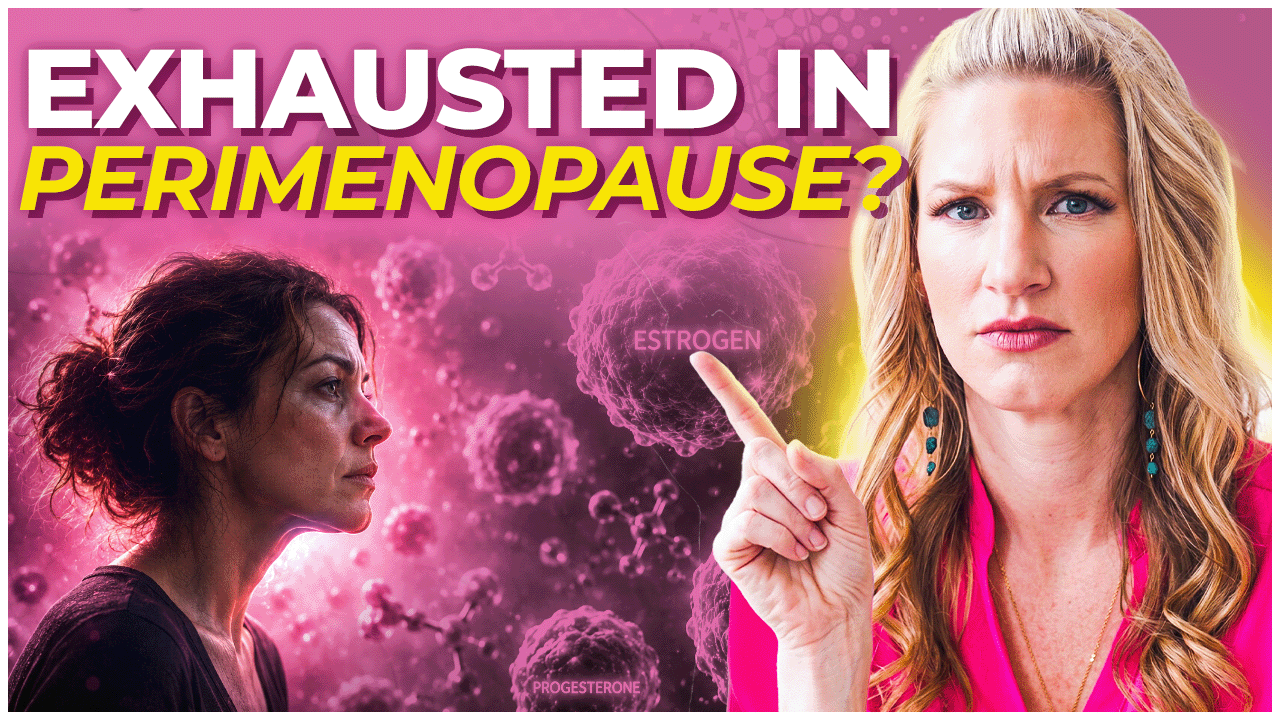 Dr. Carrie in a pink blouse pointing at the words "exhausted in perimenopause" with a confused look and a pink background and a woman with brown hair and a bun and a necklace looking exhausted next to her in the background