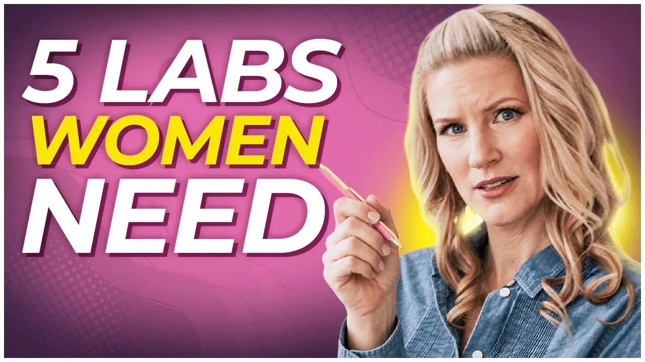 YouTube thumbnail titled '5 Labs Women Need' featuring Dr. Carrie Jones in a denim shirt holding a pencil while speaking, against a pink background.