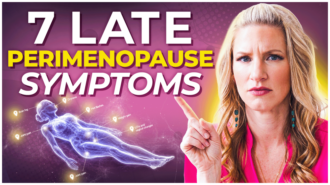 Dr Carrie Jones in a pink blouse pointing at "7 late perimenopause symptoms" with a pink and purple background and a body under the words with perimenopause symptoms youtube thumbnail