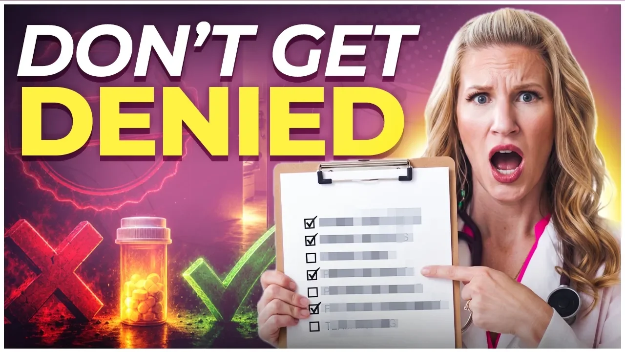 Dr. Carrie Jones in a white lab coat with a shocked expression pointing to a clip board with a blurry check list and the words "Don't Get Denied" and a pink background