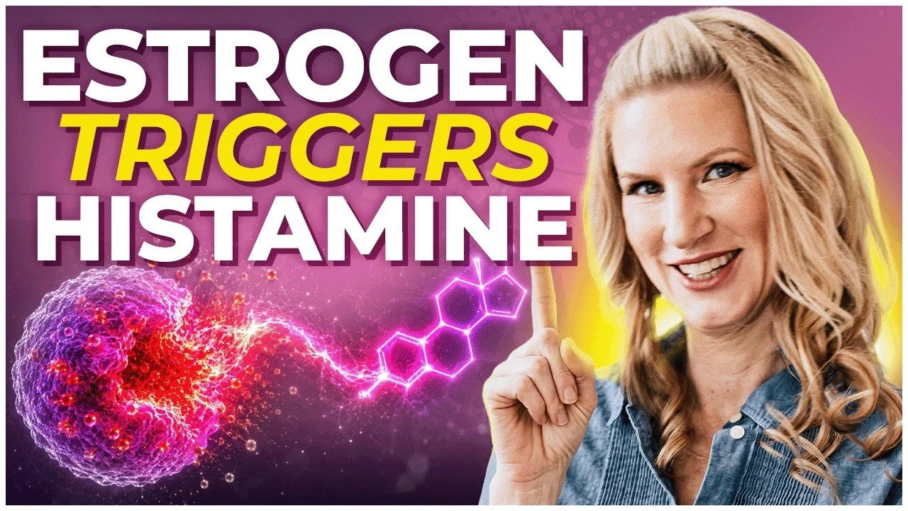 Dr. Carrie Jones with a denim blouse pointing at the words "Estrogen Triggers Histamine" with a pink background youtube thumbnail