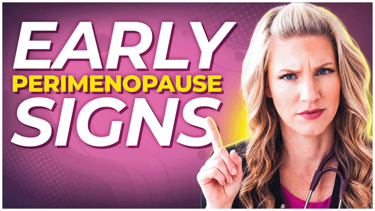YouTube thumbnail titled 'Early Perimenopause Signs' featuring a woman with a stethoscope raising her finger while speaking, against a pink background.
