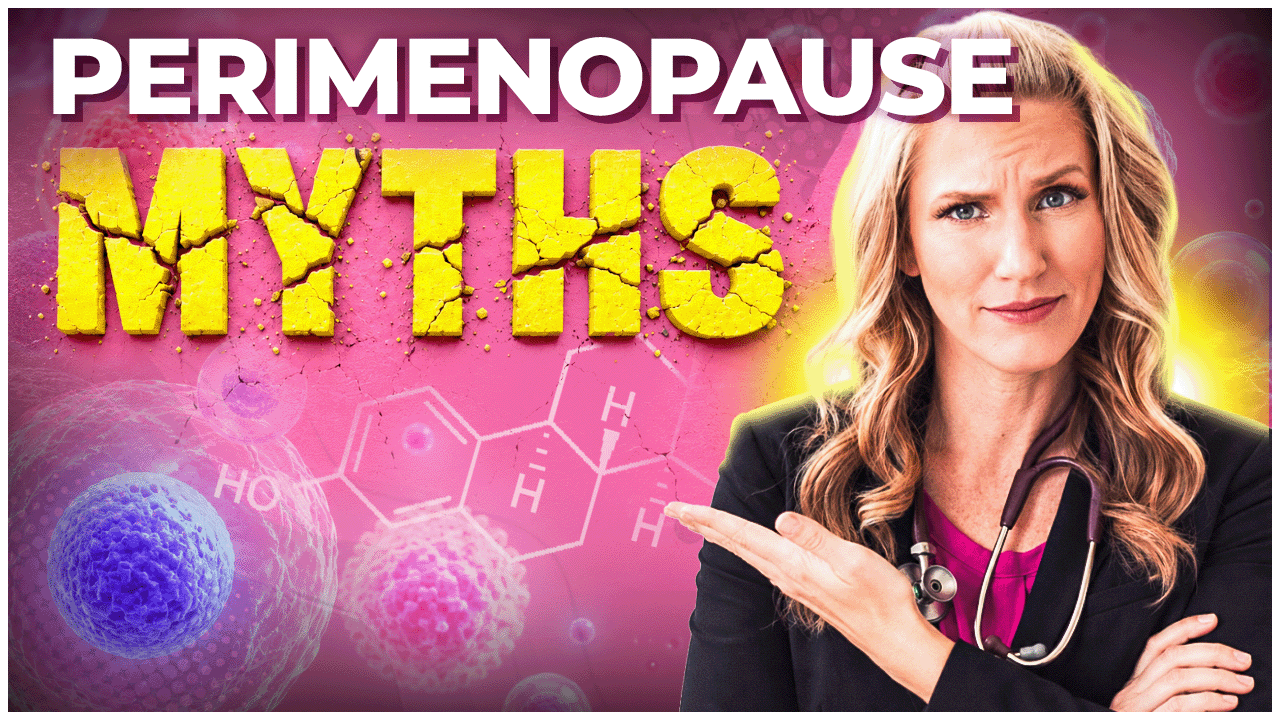 Dr. Carrie Jones in a black cardigan with a stethoscope around her neck and a pink blouse holding her hand up to the words "Perimenopause Myths" with a pink background youtube thumbnail