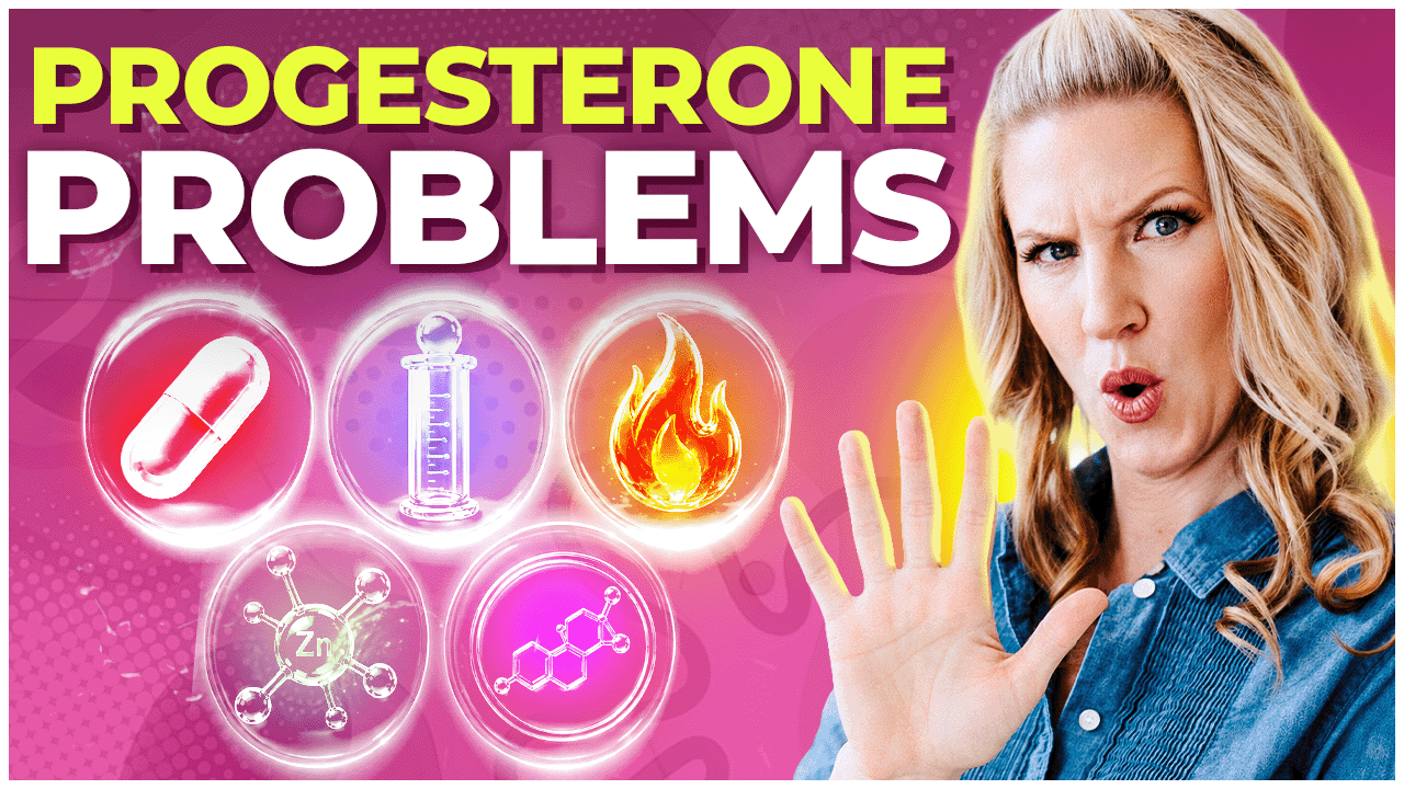 Dr. Carrie Jones in a jean blouse with a pink background making a "no" face with her hand up to stop and the title "progesterone problems"