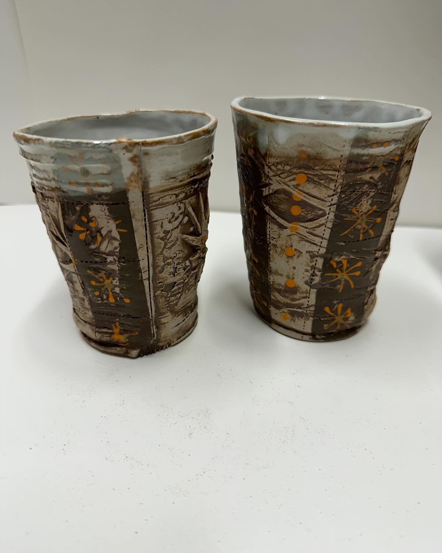 New work. Made BT ( before tree), and mostly fired last week. What do you think? #ceramics #sfclayworks #high fire#monoprint#slip transfer#functional ceramics