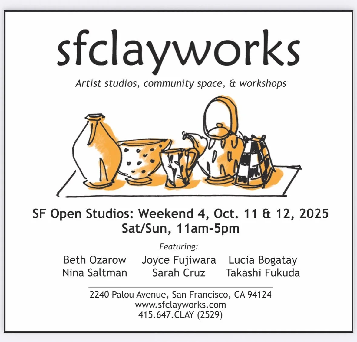 Open Studios is October 11 and 12 at sfclayworks, where I'll be joined by 7 other artists and the fabulous Saba Jam, so swing by and say hello from 11-5.