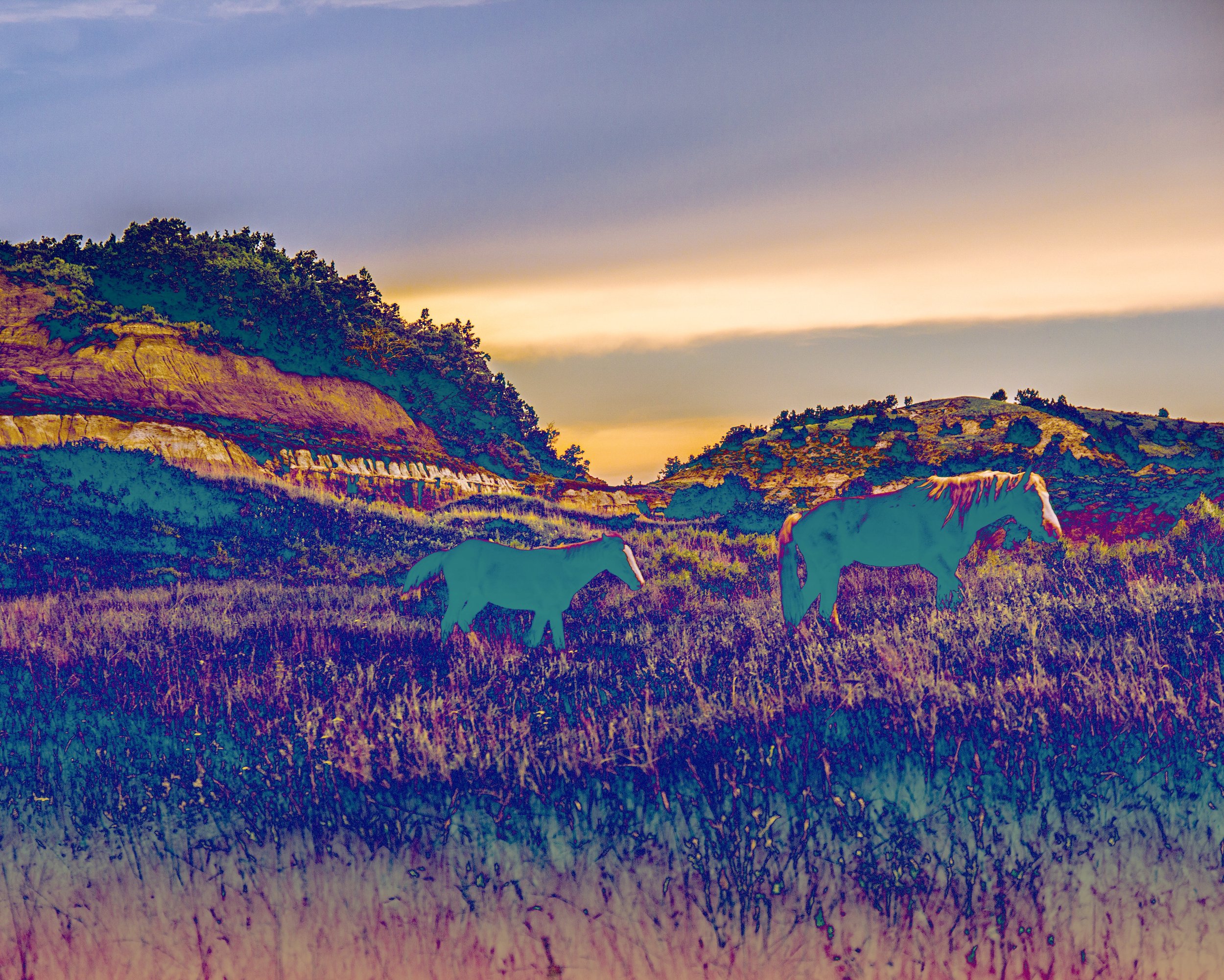 Colorful digital artwork depicting two horses grazing in a grassy field with hills and trees under a sky with clouds during sunset.