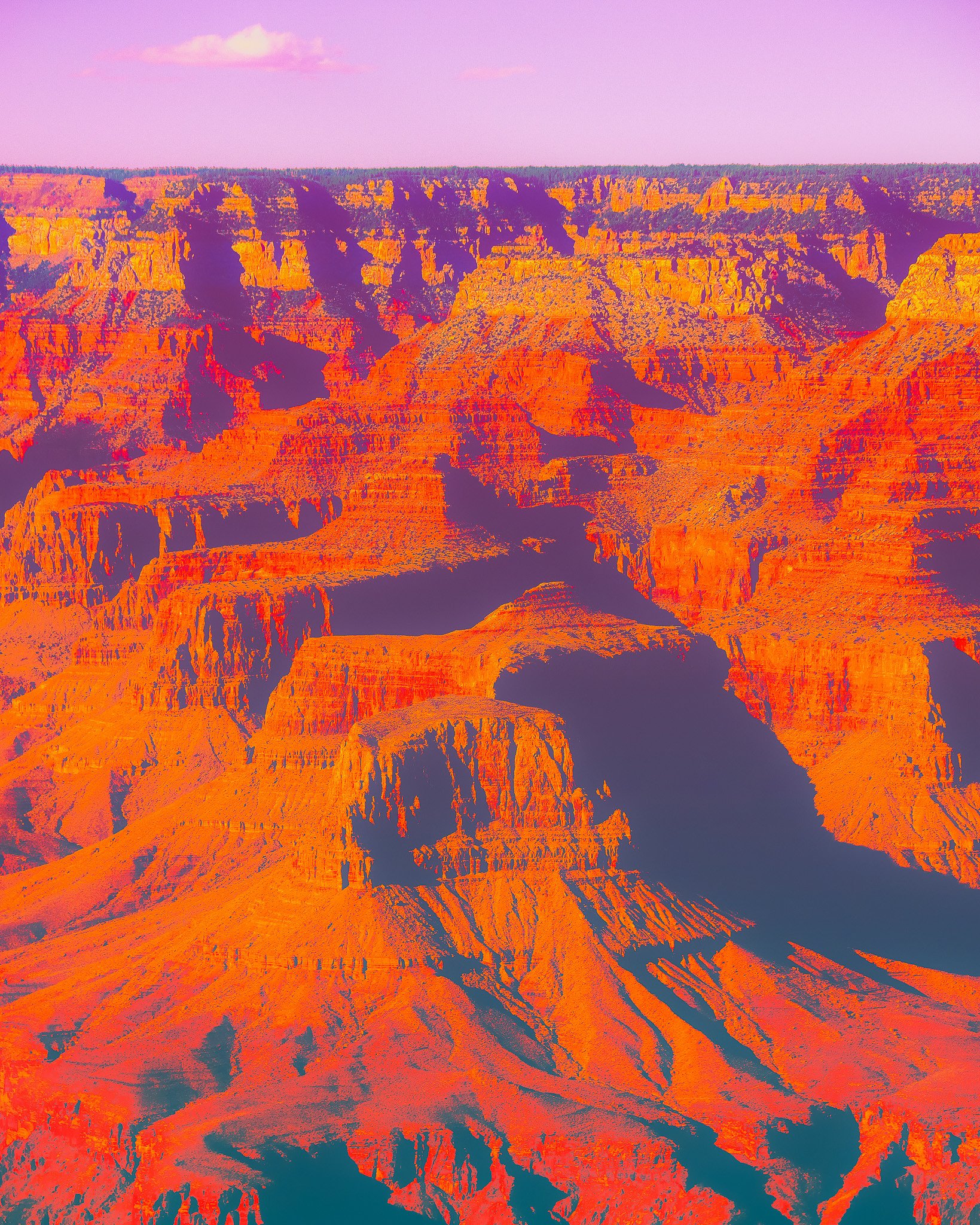A stylized, colorful digital rendering of the Grand Canyon with exaggerated orange and purple hues and a pink sky.