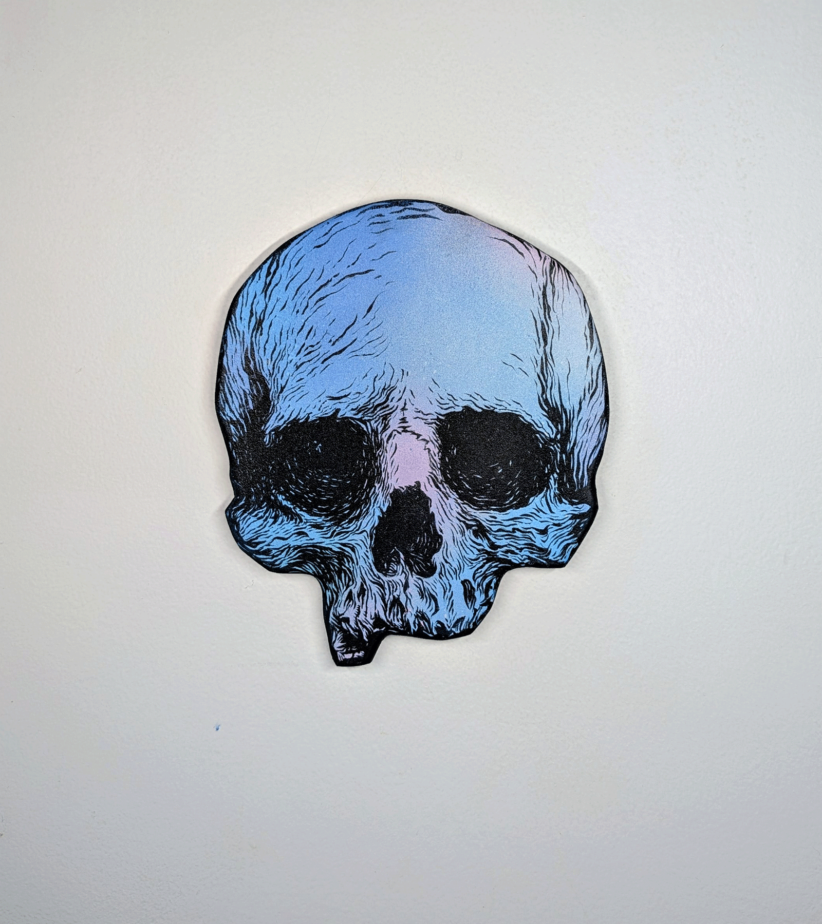  Impermanence 005B (Skull) ,  2026  Acrylic and ink on custom-cut wood panel 6.35" x 7.75" 
 Displayed in  The Blue Condition  at The Voyeur Bordello  02/06/2026 
