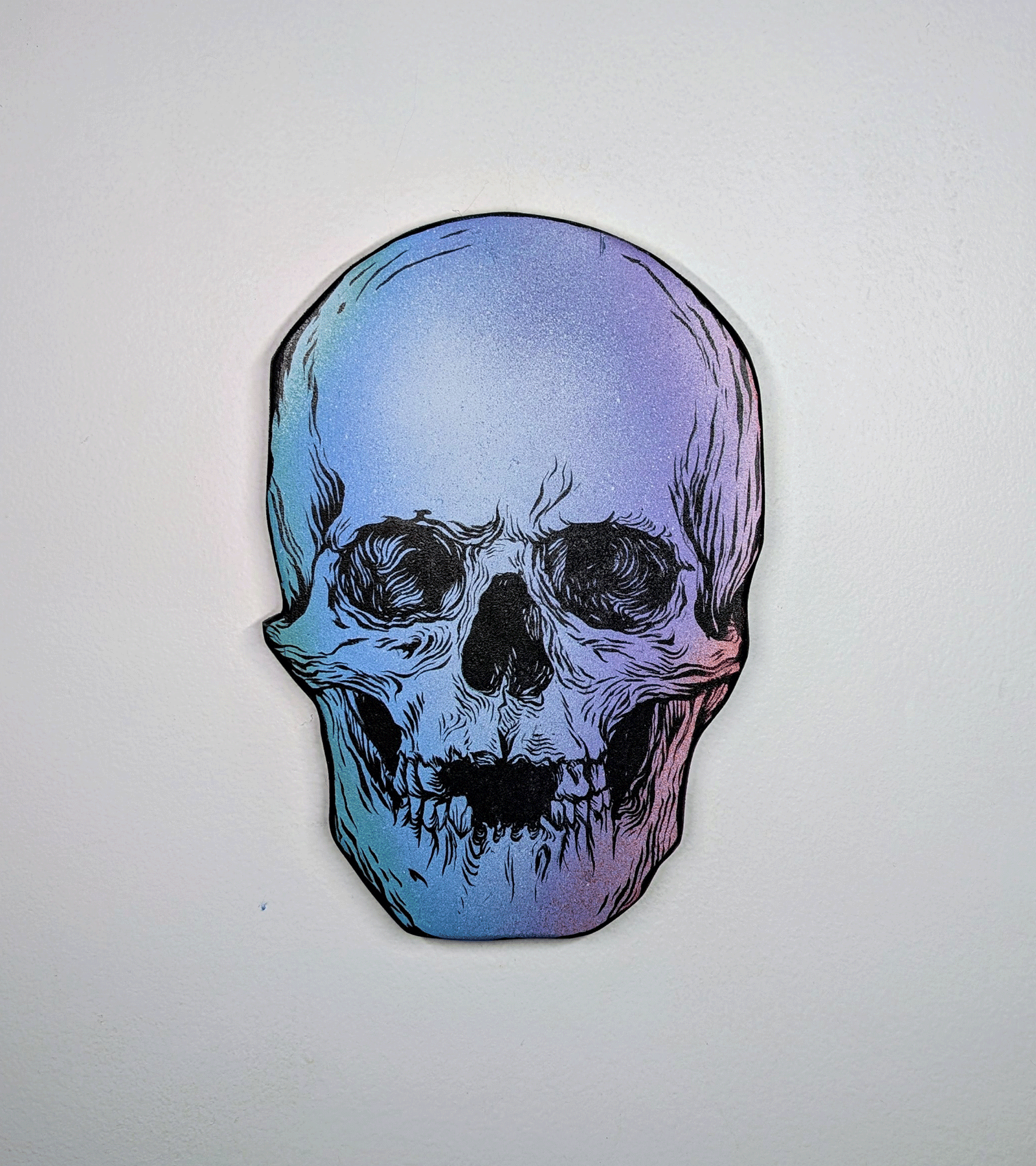  Impermanence 003B (Skull) ,  2026  Acrylic and ink on custom-cut wood panel 6.5" x 9.25" 
 Displayed in  The Blue Condition  at The Voyeur Bordello  02/06/2026 