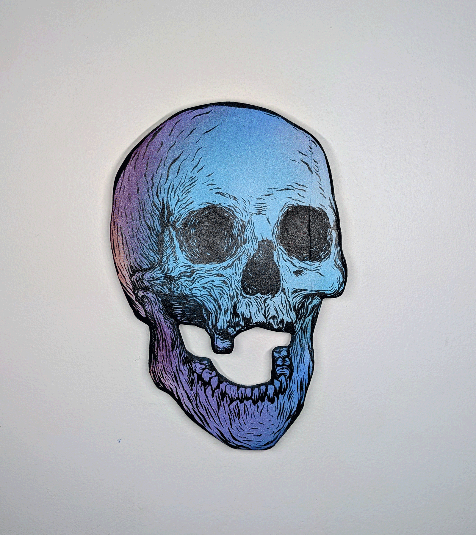  Impermanence 001B (Skull) ,  2026  Acrylic and ink on custom-cut wood panel 6.5" x 9.5" 
 Displayed in  The Blue Condition  at The Voyeur Bordello  02/06/2026 