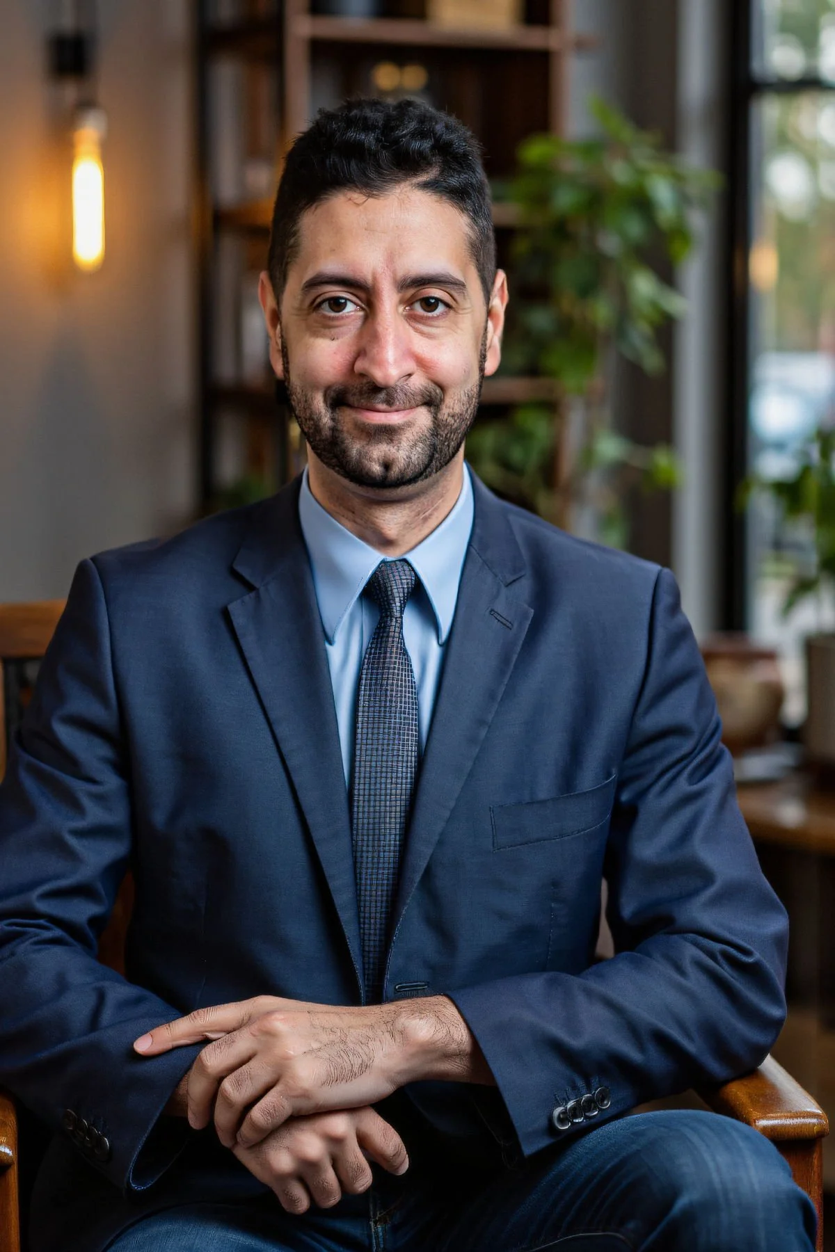A man in a dark suit, light blue shirt, and patterned tie sitting in a cozy indoor cafe or office with bookshelves and plants in the background.