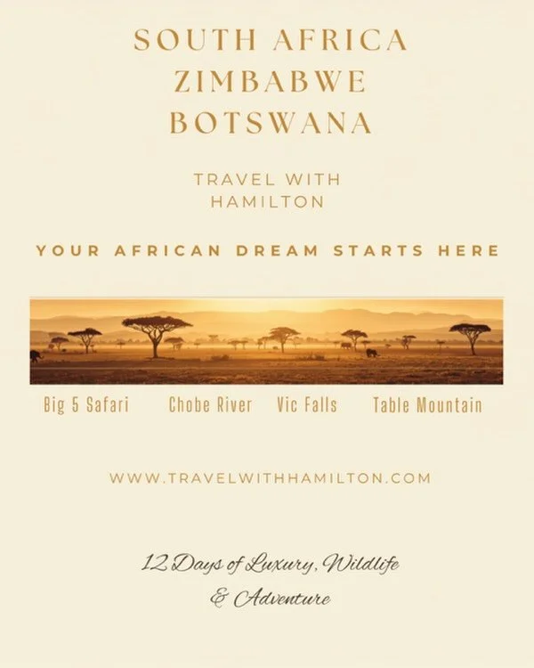 🌍 Three countries. Twelve unforgettable days. One incredible adventure.

🦁 Safari in a private game reserve.
🏔️ Explore beautiful Cape Town.
🍷 Taste world-class wines in Stellenbosch.
🌊 Witness the breathtaking Victoria Falls.
🚤 Cruise the Zamb