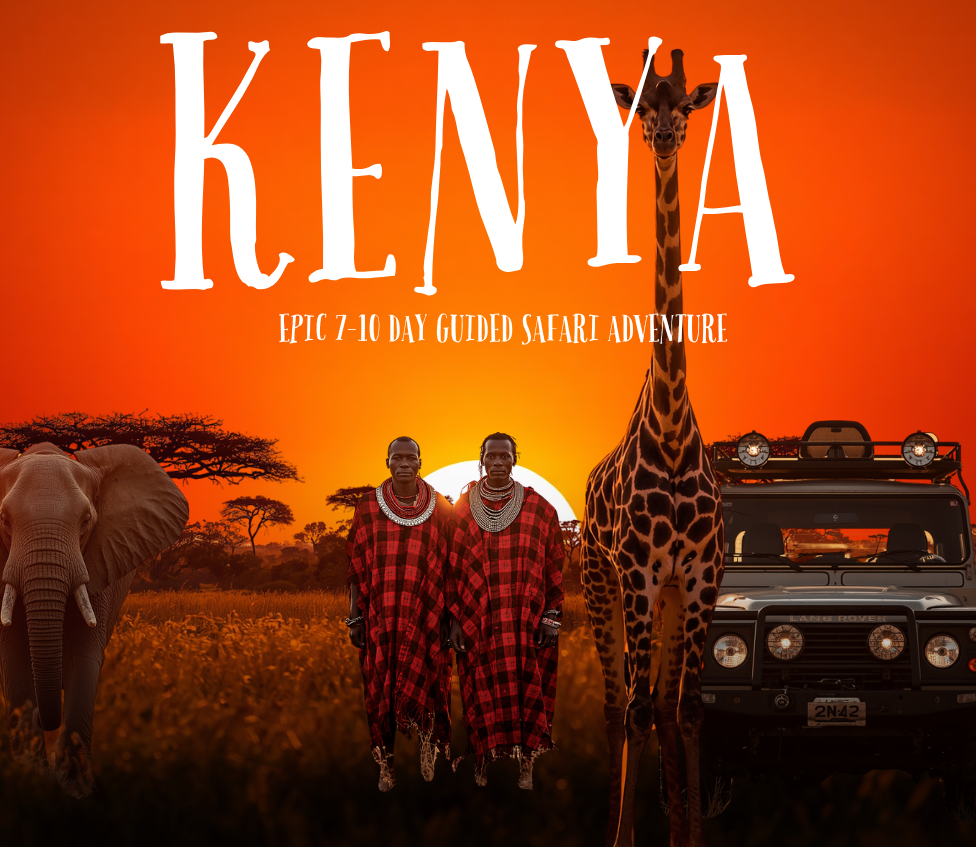 A promotional image for a Kenya safari adventure featuring elephants, two Maasai people in traditional attire, a giraffe, and a safari vehicle against an orange sunset backdrop with acacia trees.