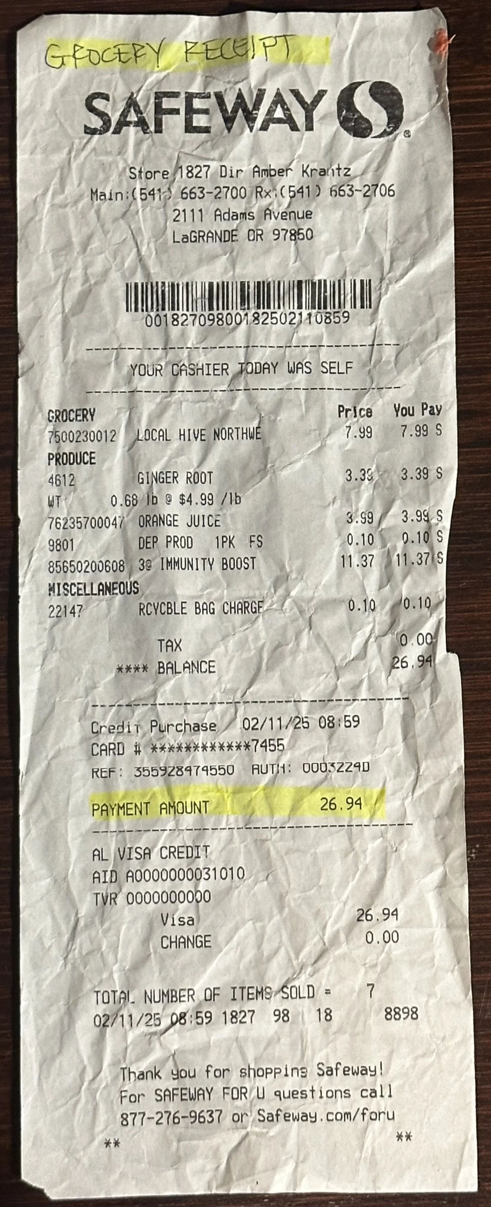 Grocery receipt