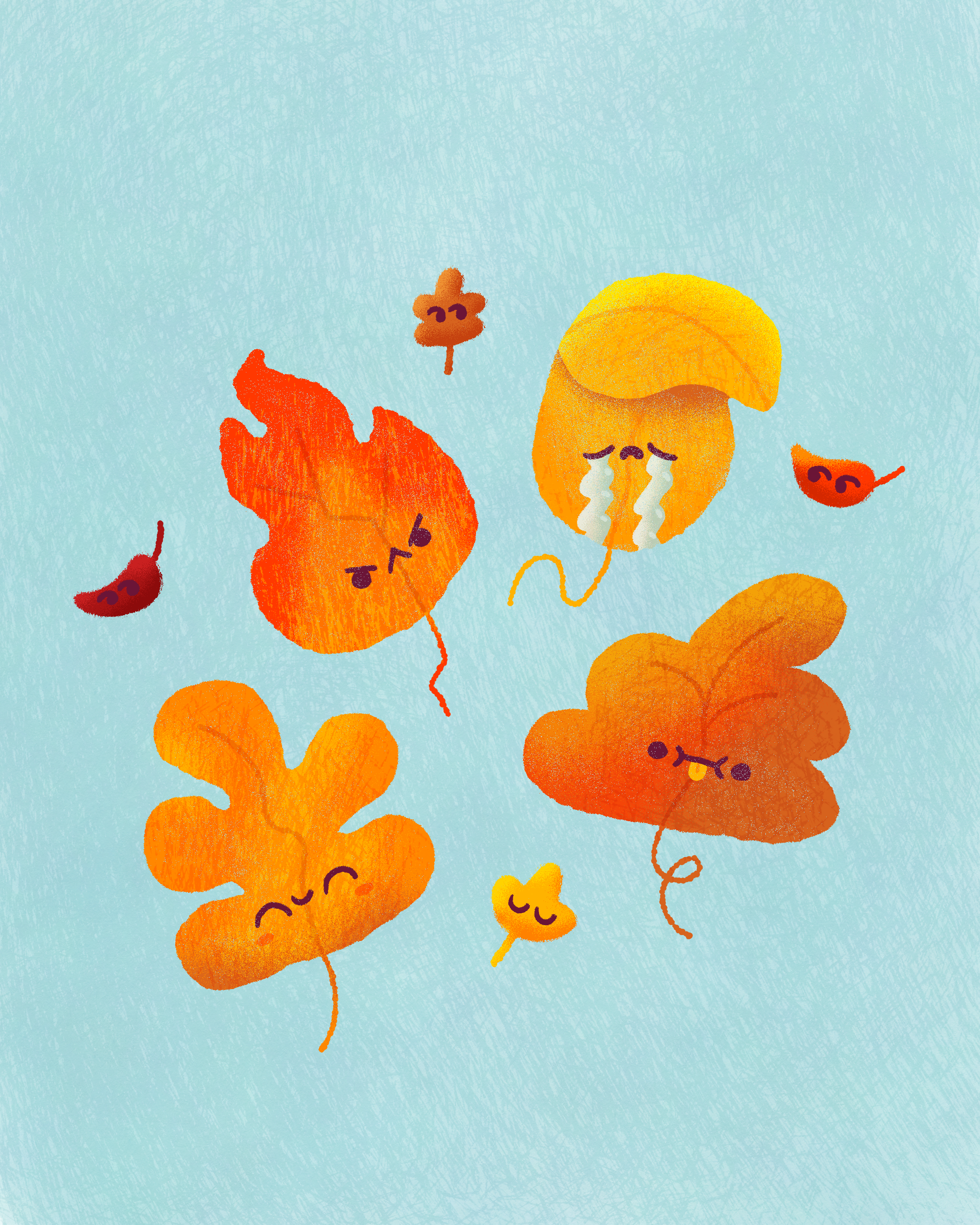 Cartoon illustration of falling autumn leaves with happy faces, set against a light blue background.