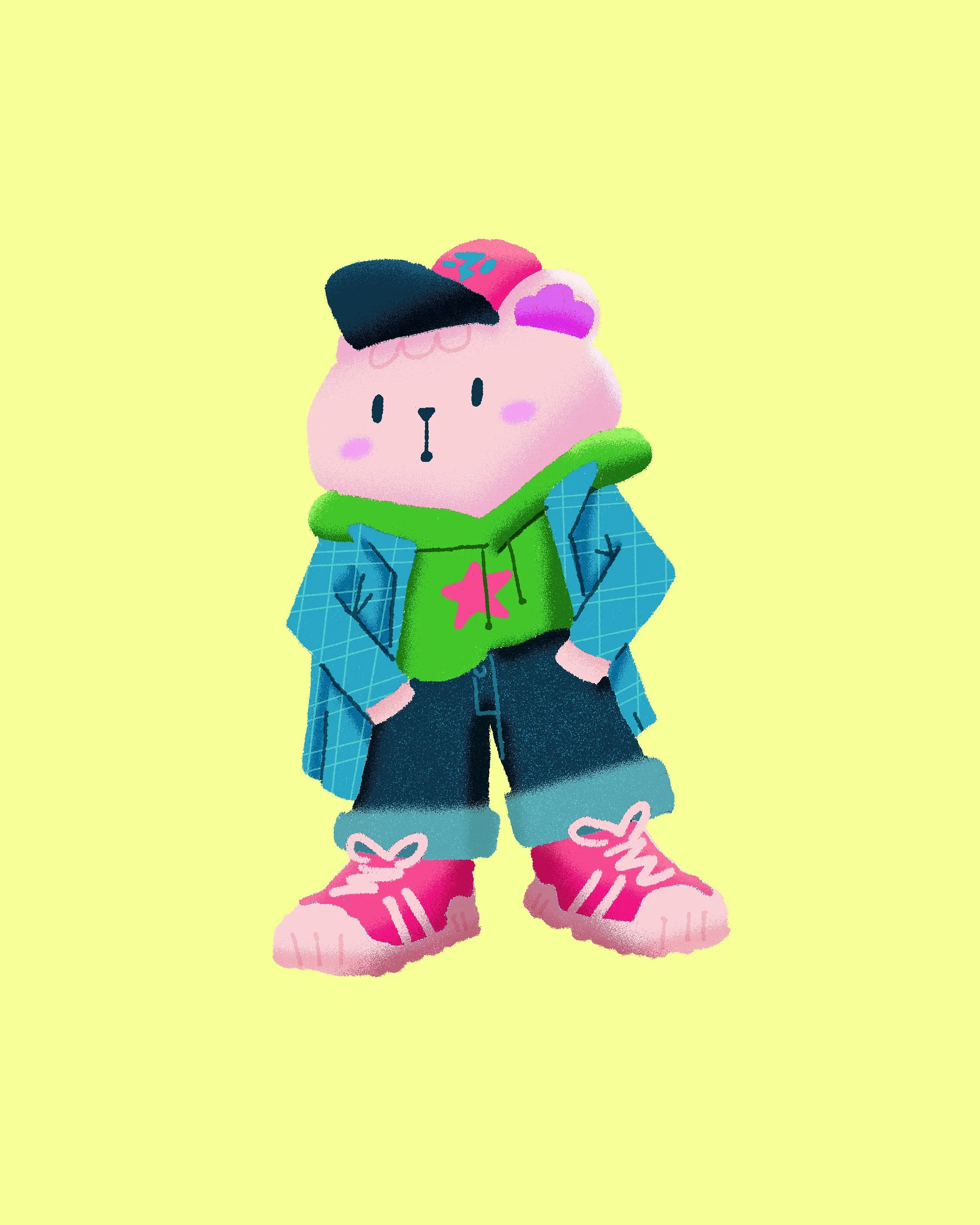 Cute cartoon bear character wearing a green hoodie with a pink star, a blue checkered jacket, rolled-up jeans, and pink sneakers, with a pink and purple cloud on its head, set against a plain yellow background.