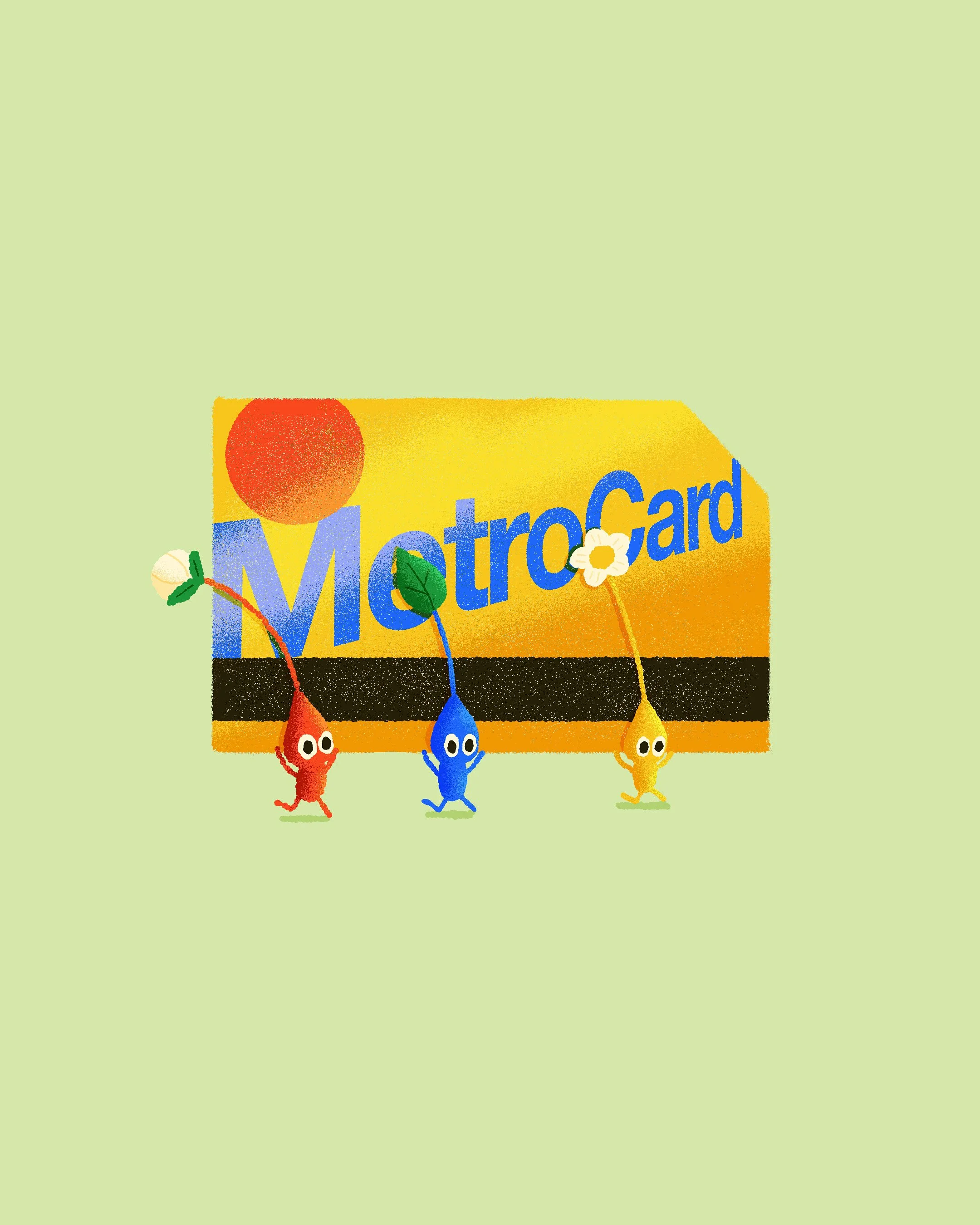 Illustration of a MetrOCard with three animated chip characters holding leaves and flowers, set against a light green background.