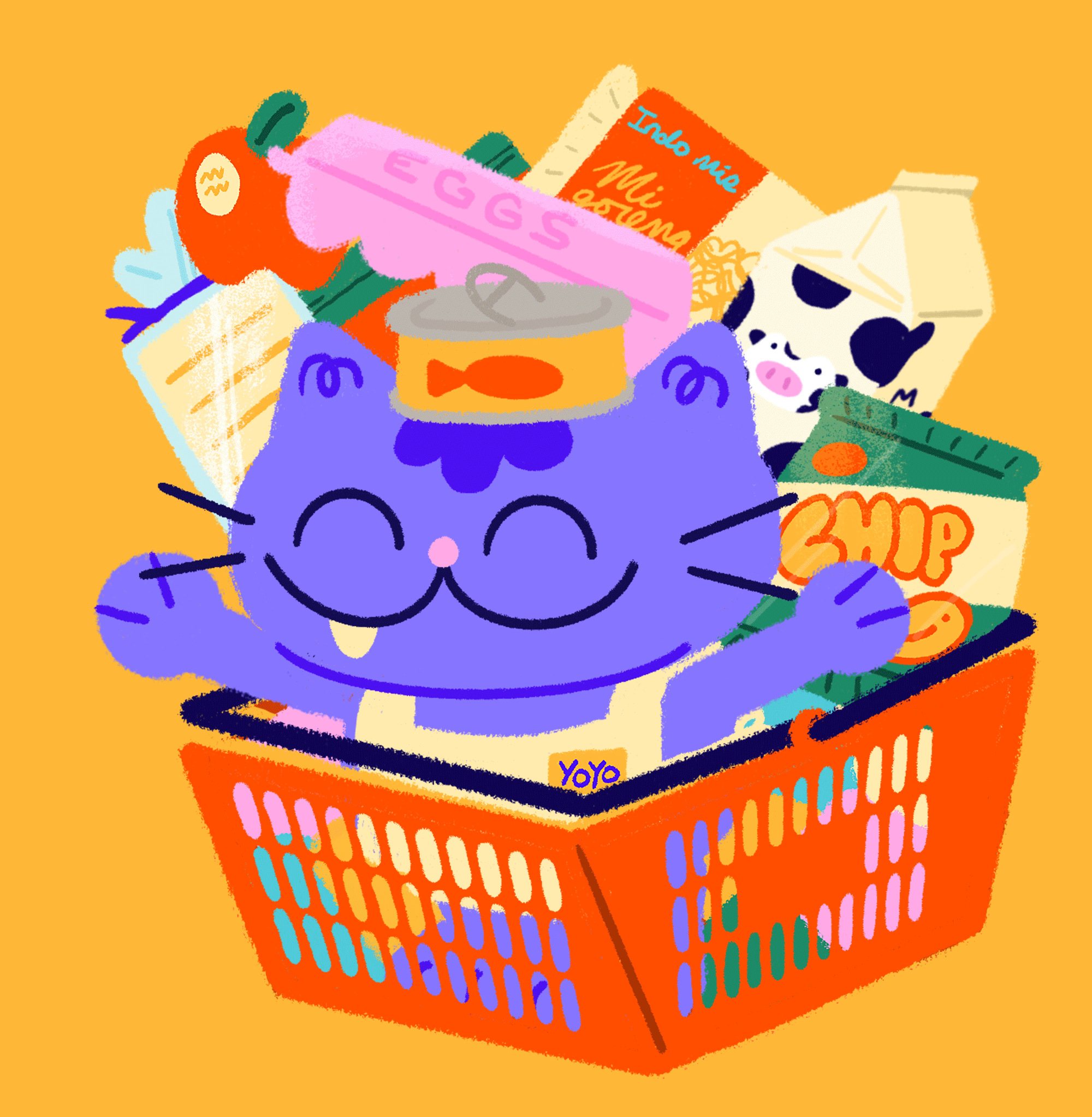 A purple cartoon cat with glasses sitting in a shopping basket filled with various groceries and household items, smiling with eyes closed on an orange background.