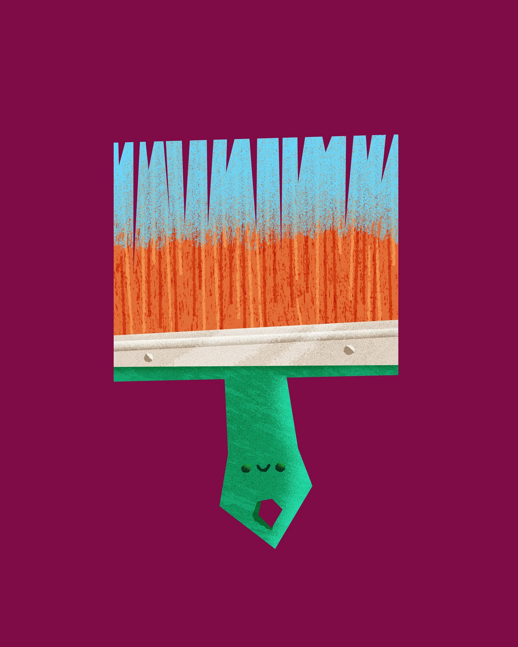 A colorful illustration of a paintbrush with a smiling face on its handle, against a maroon background. The brush tip has blue, orange, and white colors with the word 'WAKWAK' painted on it.